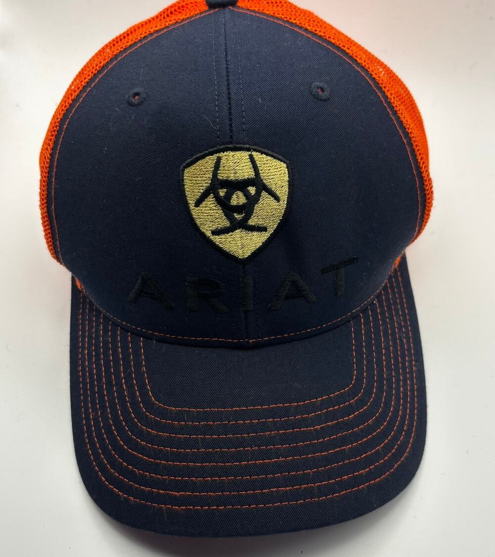 Ariat Hat Cap Snap Back Orange Navy Blue Spell Out Logo Richardson Style 112